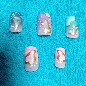 Press on nails gold blue pink purple aqua colorful set